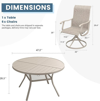 DIFY 7 Pieces Outdoor Patio Dining Set, 6 Sandshell Textilene Swivel Dining Chairs and 47.2" Sandshell Round Metal Dining Table, Outdoor Table and Chairs