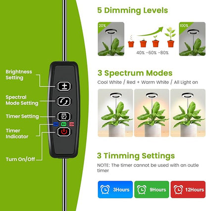 Kullinss Grow Light, 48 LEDs Full Spectrum Plant Lights for Indoor Growing, Halo Plant Light with 3/9/12H Timer, 3 Color Modes, 10 Brightness, Height Adjustable Grow Lamp for Small Plants (2 Pack)