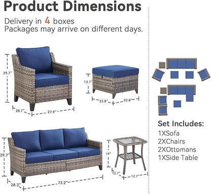 Patio Furniture Set, 6 Pieces Outdoor Wicker Rattan Sofa Couch with Rattan Chair, Side Table, Ottomans and Comfy Cushions, All Weather Patio Conversation Sets, Suit for Porch Deck Garden