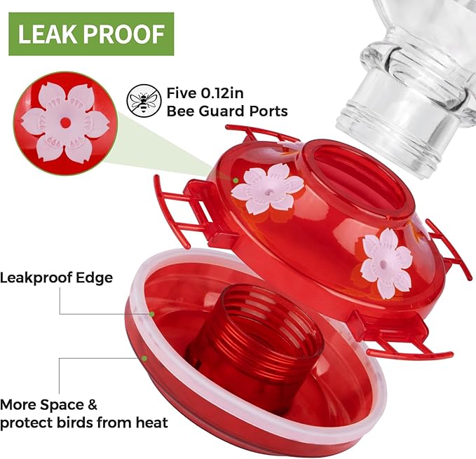 Hummingbird Feeder, BOLITE Glass Hummingbird Feeders for Outdoors Hanging, with Ant Moat and 4 Bee Guard Feeding Ports, 22oz, Leak Proof, Clear & Red
