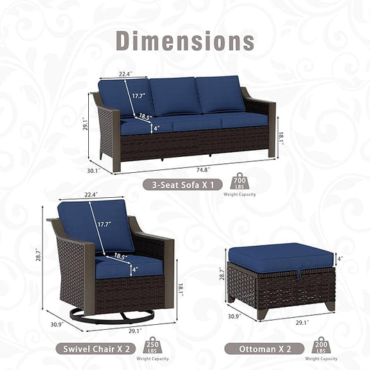 5 Piece Wicker Patio Conversation Set, All-Weather Use Outdoor 2 PE Rattan Swivel Chair, 2 Ottoman, 1 Patio Sofa, Removable Water-Resistant Cushion, Ideal for Porch, Backyard, Balcony, Poolside, Blue