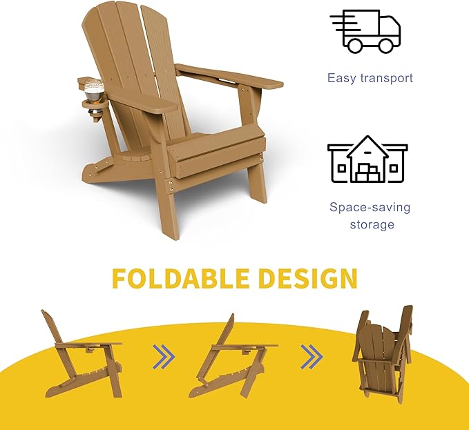 Kingdura Foldable Adirondack Chair, Portable HDPE All Weather Resistant Outdoor Patio Chair, Wooden Textured with Cup Holder, 380LBS Capacity for Poolside, Backyard, Deck, Fire Pit (Brown