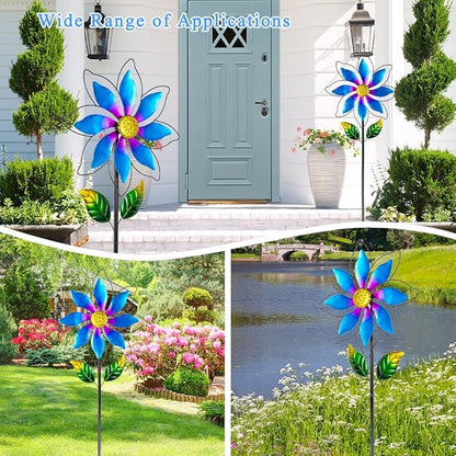 14'' Wind Spinners Outdoor, Flower Metal Garden Wind Spinners Outdoor, Kinetic Wind Sculptures & Spinners for Yard Garden Lawn Decor (Blue)
