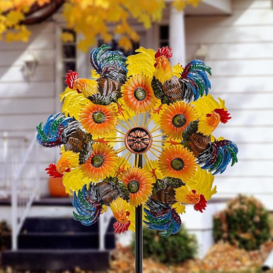 DREAMYSOUL Metal Sunflower and Rooster Fall Wind Spinners, Fall Decorations Outdoor, Kinetic Wind Spinners for Farmhouse Garden Lawn Yard Decor, Harvest Thanksgiving Gifts