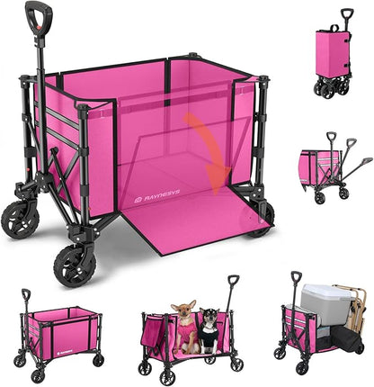 3 in 1 Collapsible Wagon Converts to Bench, 220lbs Foldable Wagon Cart with Wheels, 120L Shopping Cart for Groceries Folding Utility Wagon for Beach, Garden, Camping, Sport, Wheelbarrows, Pink