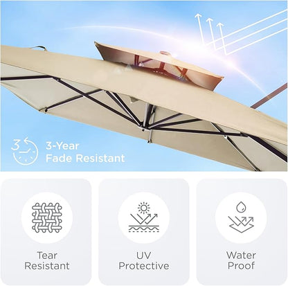 9' X 12' Cantilever Patio Umbrella with Base Included 360°Rotation Rectangular Outdoor Large Offset Umbrellas Double Top Heavy Duty Windproof for Garden Deck Pool, Beige