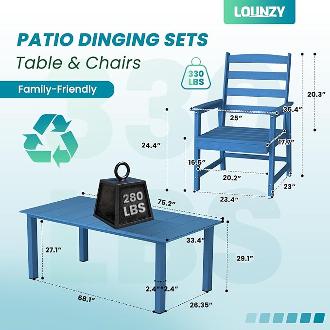 LOUNZY 7-Piece Outdoor Dining Set – 75.2" HDPE Table with 6 Chairs, Hole-Cut Design for Patio, Pool & Yard，Navy Blue