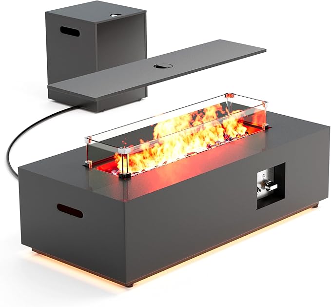 42" Outdoor Fire Pit Table, 50,000 BTU Gas Fire Pit with Glass Wind Guard, Fire Stones, Waterproof Cover, Propane Fire Pit Table for Outside Patio (Warm Light, Black)