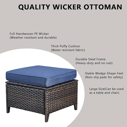 Rilyson 6 Piece Outdoor Patio Furniture Set - Rattan Wicker Patio Conversation Sets with 2 Swivel Rocker Chairs,2 Ottomans,1 Sofa and 1 Coffee Table for Outside Porch Deck Backyard(Brown/Blue)