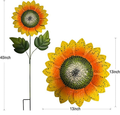 Outdoor Metal Sunflower Stakes, 40 Inch Height, 13 Inch Flower Head, Garden Decor, Set of 2