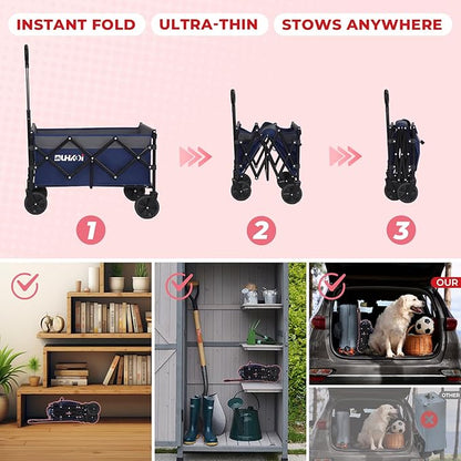 Collapsible Wagon Cart with Wheels Foldable,11 Lbs Lightweight Portable Folding Utility Wagon,90 L Heavy Duty Grocery Shopping Carts,Versatile for Garden Sports Camping Outdoor Use (Navy Gray)
