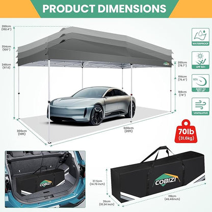 COBIZI 10x20 Pop Up Canopy Tent with 6 Removable Sidewalls,Waterproof & UV 50+ Easy Up Canopy,Commercial Gazebo with Air Vent,4 Sand Bags,4 Stakes & 8 Ropes,Tents for Parties/Camping/Backyard,Gray