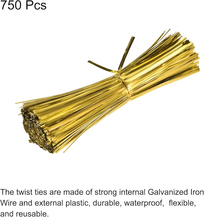 MECCANIXITY Foil Twist Ties 7" 18cm Metallic Plastic Closure Tie for Tying Bread, Candy, Cookies, Gift Bags Arts Crafts Ties Gold Tone Pack of 750
