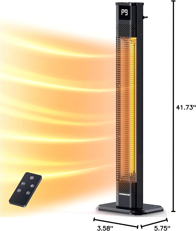 VAGKRI Outdoor Heaters, 1s Heating Carbon Infrared Patio Heaters With Remote, 9 Heat Levels, 24H Timer, IPX5 Waterproof, 42in Electric Space Heaters for Home, Office, Restaurant, Patio, and Garage