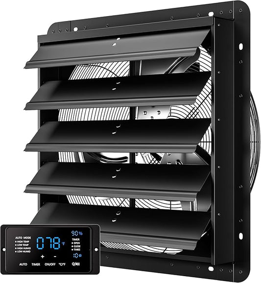20 Inch EC Motor Shutter Exhaust Fan, 6 Inch Large Touchscreen Controller for Temp Humidity and Speed Control, 10-Speed Wall Mount Fan for Attic, Greenhouse, Garage, Chicken Coop Ventilation