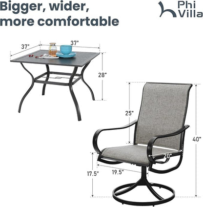 PHI VILLA 5 Piece Patio Dining Set Clearance with 4 Swivel Dining Chairs & 1 Square Metal Dining Table with 1.57 inches Hole, for Outdoor Kitchen Lawn & Garden Black Coated