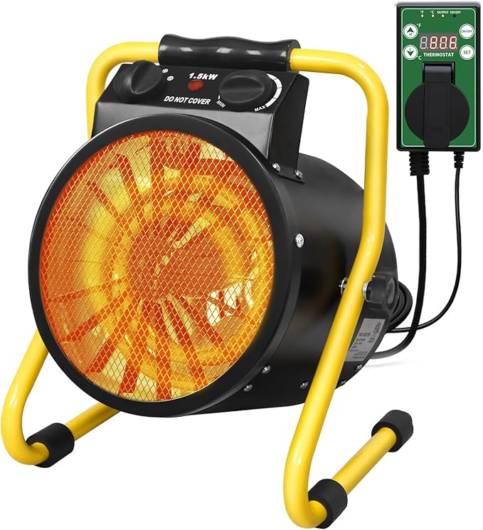 Portable Greenhouse Heater with Digital Thermostat, Overheat Protection, 1500W Radiant Electric Heater for Indoor & Outdoor Use, Garage, Grow Tent, RV, IPX4 Water Resistant, 1 Piece, Black