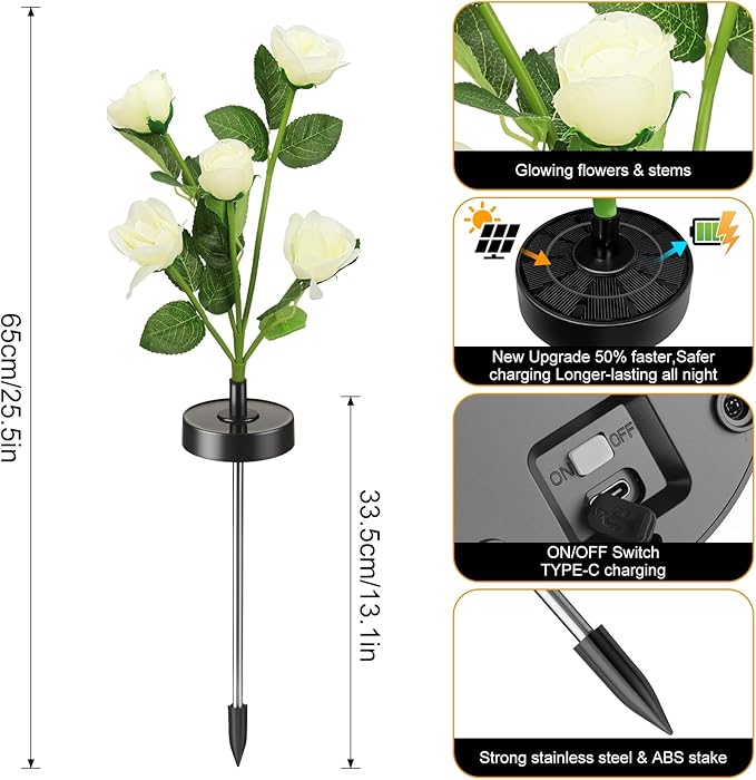 Solar Flowers Lights - Upgraded Outdoor White Rose Flowers Lights, 7-Color Changing & Waterproof Outdoor Solar Lights for Garden, Patio, Backyard,Party and Office (White Rose, 2)