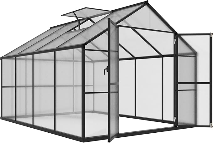 MUPATER 8 x 8 FT Outdoor Polycarbonate Greenhouse Kit with Sliding Lockable Door, Walk-in Backyard Green House with Aluminum Frame & Adjustable Roof Vent for Outdoor, Gray