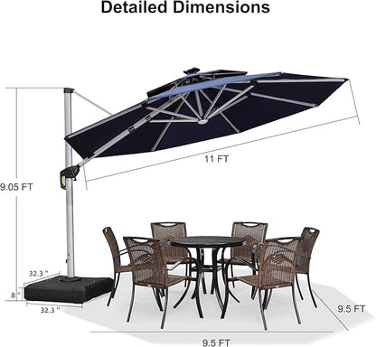 PURPLE LEAF 11ft Patio Umbrella With Base Solar powered LED Cantilever Umbrella with LED lights Windproof Outdoor Offset Umbrella for Garden Deck Pool Patio, Navy Blue