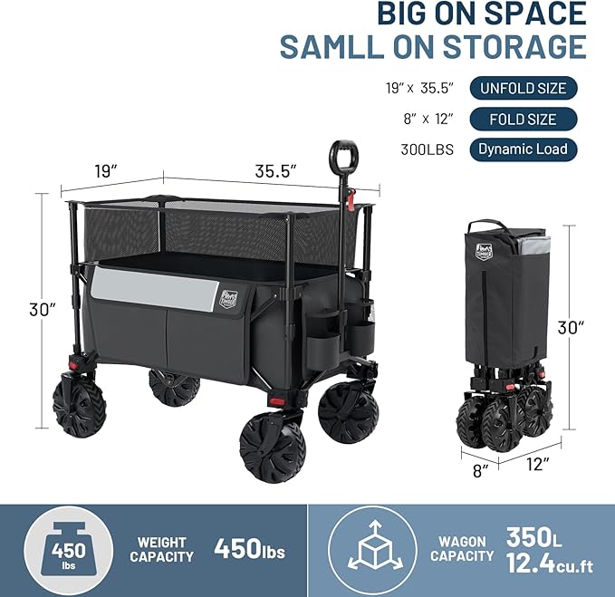 TIMBER RIDGE Foldable Wagon 350L Extendable Height, Large Capasity Collapsible Wagon Cart with All Terrians Detachable Wheels, Compact Folding Utility Wagon for Camping, Fishing, Shopping Grey