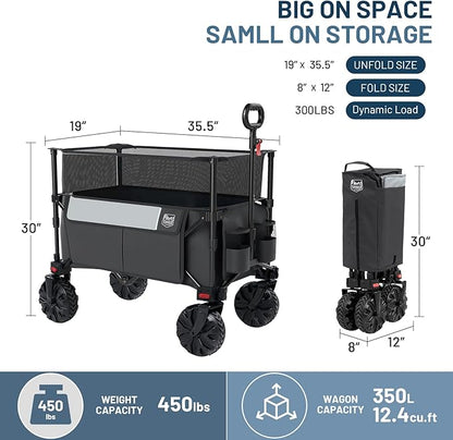 TIMBER RIDGE Foldable Wagon 350L Extendable Height, Large Capasity Collapsible Wagon Cart with All Terrians Detachable Wheels, Compact Folding Utility Wagon for Camping, Fishing, Shopping Grey
