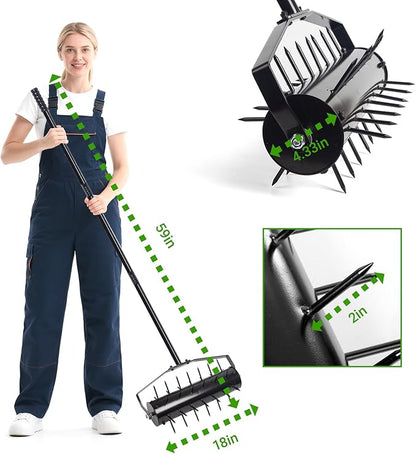 18 Inch Heavy Duty Rolling Lawn Aerator, Adjustable Weight Manual Roller Lawn Aerator Tool ，Heavy Duty Outdoor Manual Garden Lawn Tool for Yard Garden