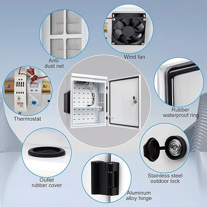 Outdoor Electrical Box with Thermostat and Fan, Cold-Rolled Steel Plate, Aluminum Alloy Back Beam, One-Piece Ventilation Design, IP65 Waterproof, Wall/Pole Mounted. (19.6" x 15.7" x 7.9")