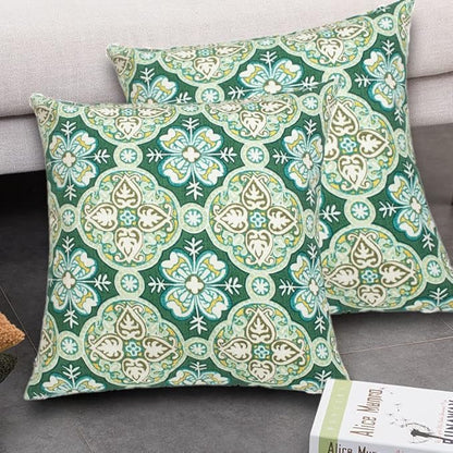 FUNHOME Outdoor Indoor Throw Pillows 18”x18”, Set of 2 Decorative Throw Pillows with Inserts, All Weather Water-Repellent Square Pillows for Bed, Couch, Sofa and Patio Furniture-Green Medal