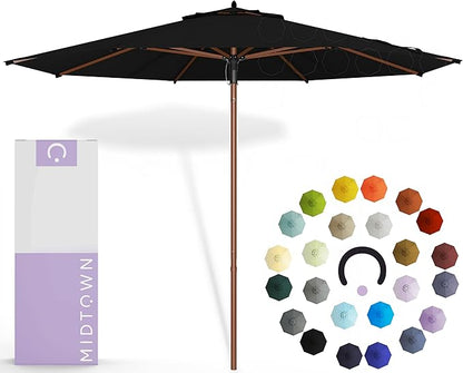 Midtown Umbrellas The Wooden 8 Feet Patio Umbrella With Terylast Ebony (Black) Polyester Fabric - Aluminum Frame Market Umbrella For Backyard, Deck, Garden, Pool - Wooden Pole