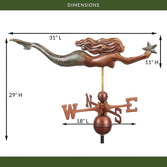 Mermaid with Starfish Weathervane - Pure Copper Hand Finished Multi-Color Patina by Good Directions