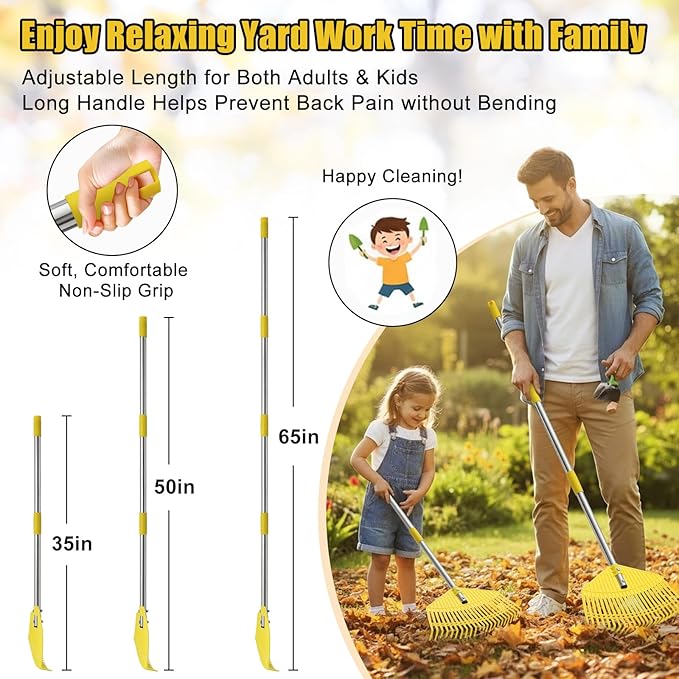 Plastic Leaf Rake for Lawns - Fast 16.5'' Wide Heavy Duty Yard Rakes for Leaves, Grass & Pine Needles, Non-Clog Garden Rake,Adjustable 1'' Steel Handle (35''-65'') Portable for Women,Seniors,Kids