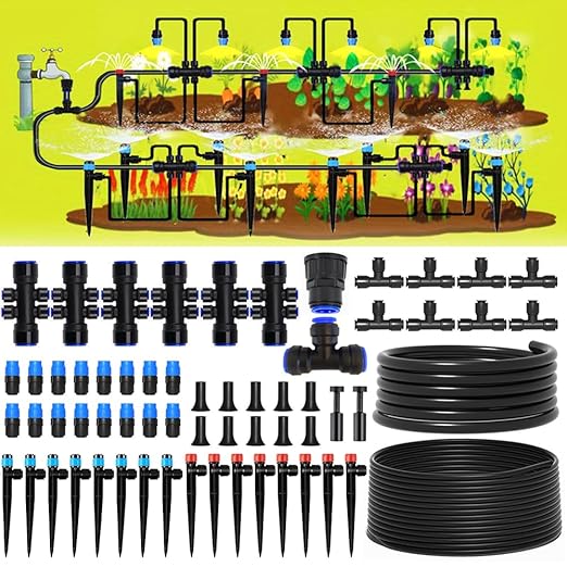 190.2FT Drip Irrigation System for Garden with 32 Nozzles & Emitters, Garden Watering System with 1/2" & 1/4" Tube and Barbed Fittings - Adjustable Sprinklers Kit for Greenhouse, Lawn, Raised Bed