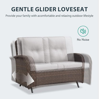 5 Piece Patio Furniture Set - Wicker Patio Conversation Set with Swivel Glider, Glider Loveseat, Tempered Glass Side Table and Coffee Table for Deck Backyard - Brown Wicker Beige Cushion