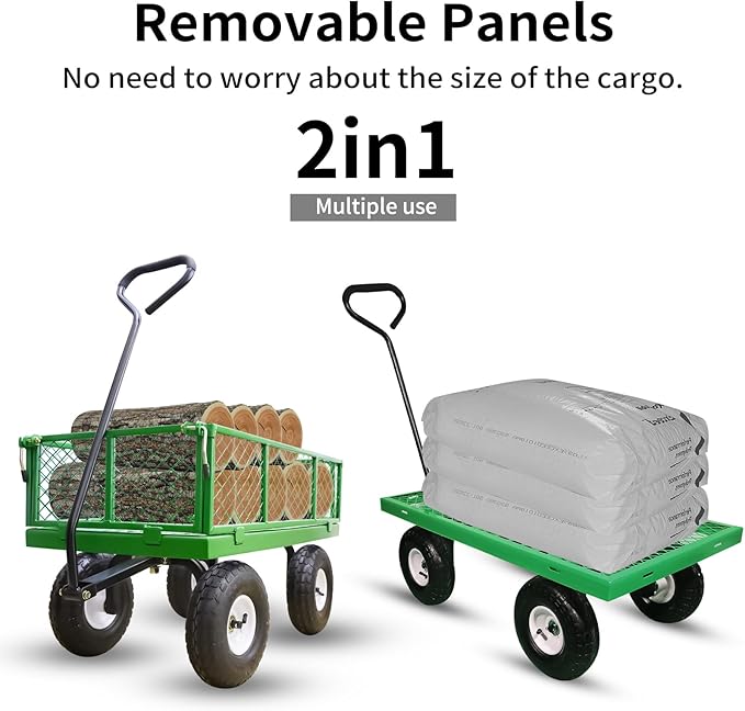 AAIN 400 lbs Metal Garden Cart,Heavy Duty Garden Wagon with Removable Steel Mesh Sides, Utility Yard Cart with 180° Rotating Handle and 10-inch Wheels—Perfect for Gardens, Farms, and Yards, Green