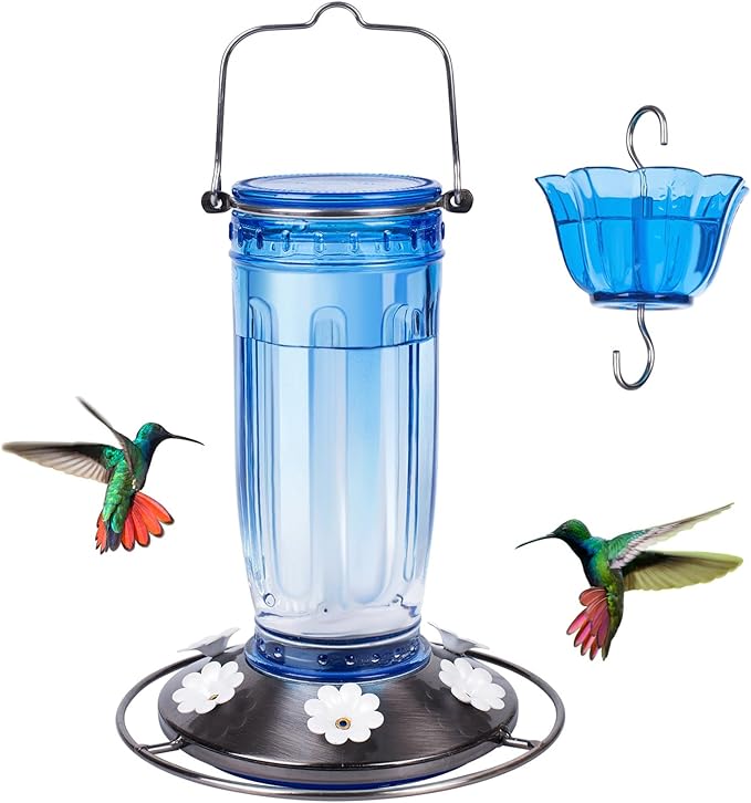 Kingsyard Glass Hummingbird Feeder for Outdoors Wild Bird Feeder with 6 Feeding Ports Hanging for Garden Yard, Blue (Ant Moat Included)