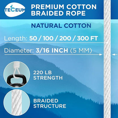 TECEUM Cotton Rope 3/16” (5 mm) – 200 FT – Strong All-Purpose Braided Rope – Natural Cotton – for Crafting, Сamping, Clothes Line, DIY, Indoor & Outdoor Use – White