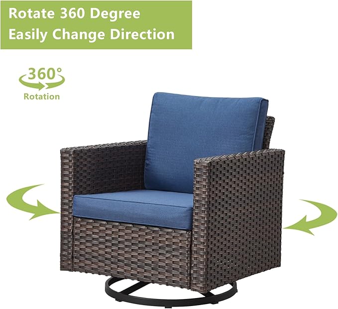 Outdoor Patio Swivel Rocker Chairs - Single Wicker Patio Swivel Rocking Chair with Waterproof Wicker,Comfortable Cushions and Sturdy Metal Frame for Outside Porch Deck Backyard(Brown/Blue/1PC)