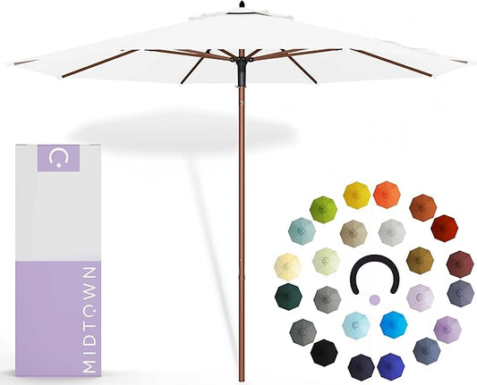 Midtown Umbrellas The Wooden 10 Feet Patio Umbrella With Terylast Ivory (White) Polyester Fabric - Aluminum Frame Market Umbrella For Backyard, Deck, Garden, Pool - Wooden Pole