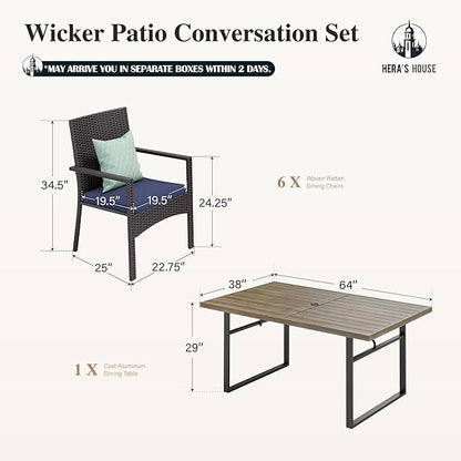 HERA'S HOUSE Patio Table and Chairs Set 7-Piece, Outdoor Dining Furniture Set with Cushions, All-Weather 64" Wood Grain Table with 1.6"-2" Umbrella Hole & Wicker Chairs for Backyard, Garden, Deck