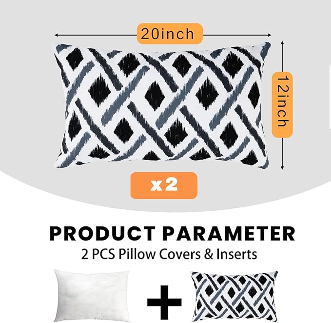 idee-home Outdoor Pillows with Inserts Included, Patio Outside Lumbar Pillows Waterproof Set of 2, 12 x 20 inch