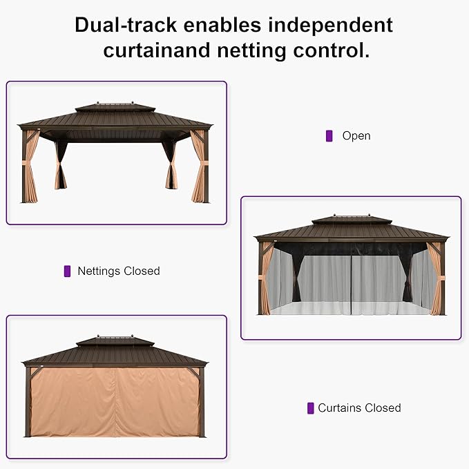 PURPLE LEAF 13' X 17' Outdoor Hardtop Gazebo Patio Wide Aluminum Frame Metal Double Roof with Heavy Duty Netting and Curtains for Permanent Hard Top Pavilion Screen Khaki