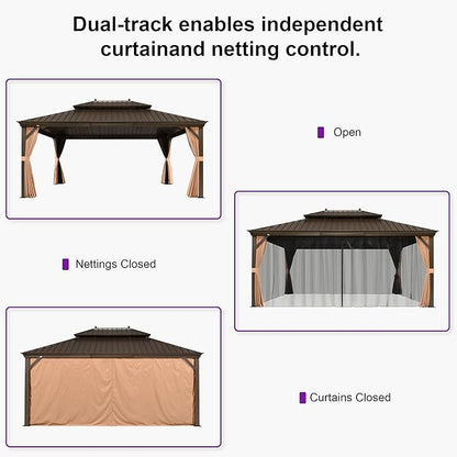 PURPLE LEAF 13' X 17' Outdoor Hardtop Gazebo Patio Wide Aluminum Frame Metal Double Roof with Heavy Duty Netting and Curtains for Permanent Hard Top Pavilion Screen Khaki