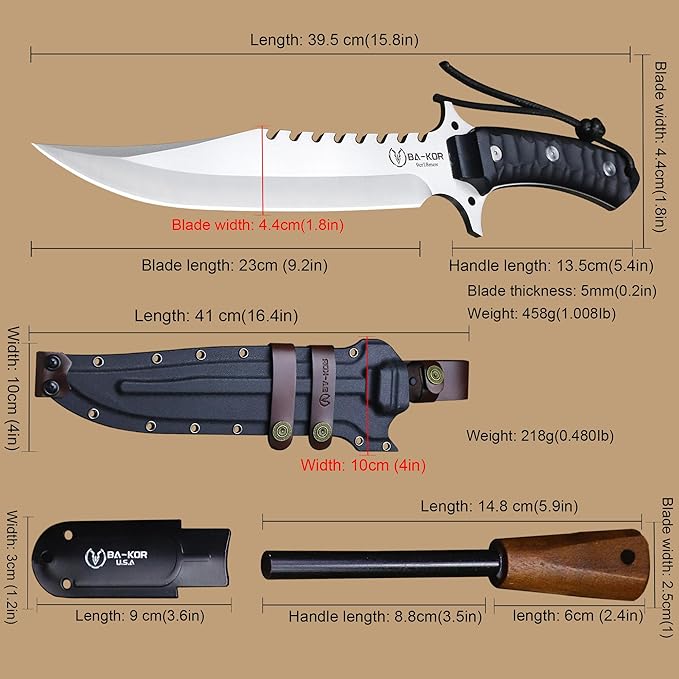 BA-KOR (15.8 inches) 5mm full Tang 9CR18MOV steel nylon fiber handle Bowie knife + sheath + (5.9 inches) cerium element striker, suitable for outdoor hunting, camping, survival, and daily carry of tools. (Sanding (full edge))