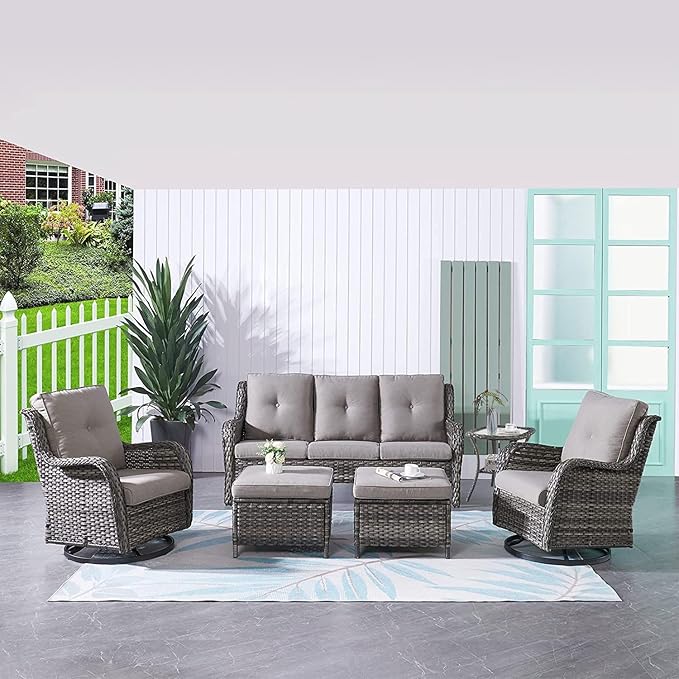 HUMMUH Outdoor Furniture Patio Furniture Set 6 Pieces Wicker Outdoor Sectional Sofa with Swivel Rocking Chairs,Patio Ottomans,Side Table