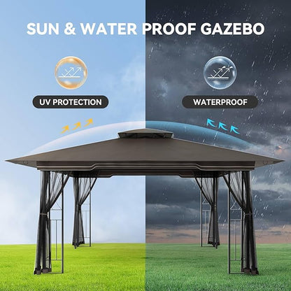 11x13 Outdoor Patio Gazebo with Mosquito Netting and Corner Frame Screen Wall, Double Roofs Metal Frame Party Canopy Tent Shelter for Backyard Garden Deck - Brown