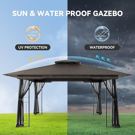 11x13 Outdoor Patio Gazebo with Mosquito Netting and Corner Frame Screen Wall, Double Roofs Metal Frame Party Canopy Tent Shelter for Backyard Garden Deck - Brown