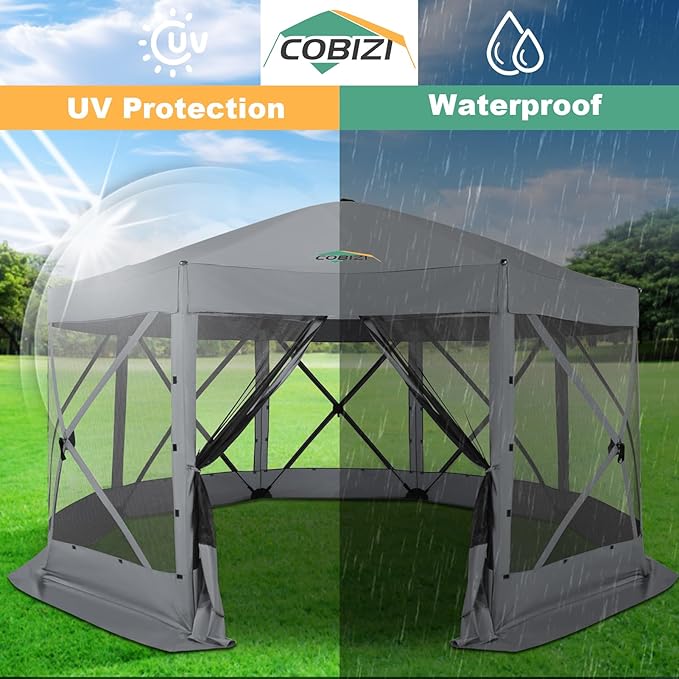 COBIZI 15x15ft Extra Large Pop-Up Gazebo Canopy Tent with Mosquito Netting, Spacious Easy Set-Up Screened Shelter, Durable Outdoor Pavilion with Ground Stakes, Perfect for Patio, Backyard,Gray