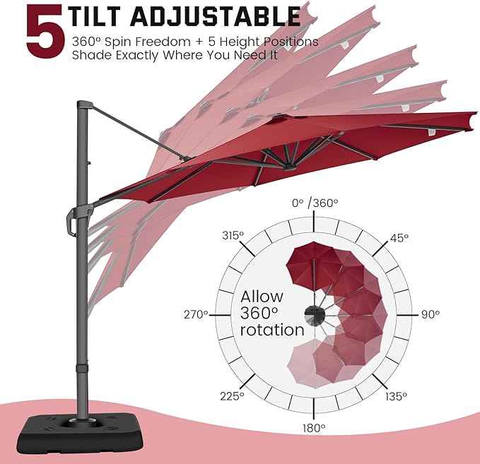 Hotime 10ft Patio Umbrella Outdoor Patio Windproof and Height adjustable, Heavy Duty Aluminum Round Offset Patio Umbrella Cantilever Pool Umbrella with 360°Rotation for Garden Deck Pool, Wine Red