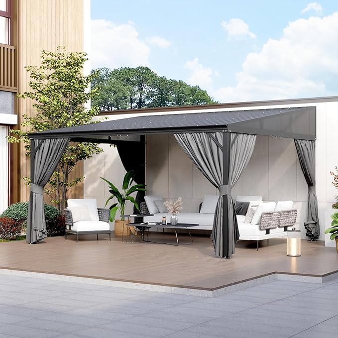 MOUMON 12x14Ft Hardtop Gazebo, Aluminum Frame Wall Mount Outdoor Gazebo with Netting & Curtains, Sloping Galvanized Iron Roof, Sun Shade Pergola Canopy for Patio Garden Backyard, Black Grey